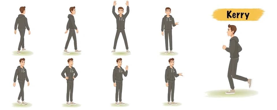 A man in tracksuit animated vector cartoon character model sheet AKA Kerry