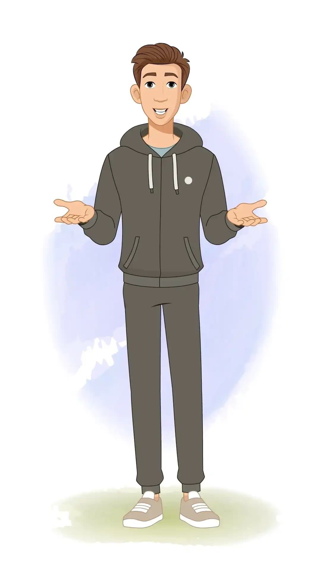 Vector illustration of a young man in a dark tracksuit and sneakers, front-facing with open hands, speaking/explaining in a friendly pose—ideal for infographics, explainers, and UI walkthroughs AKA Kerry