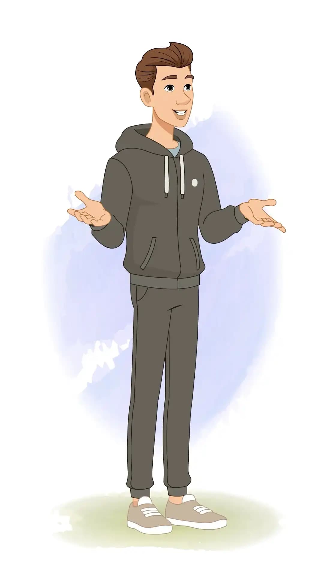 Vector illustration of a young man in a dark tracksuit and sneakers, shown in a one-third/three-quarter view with open hands while speaking—friendly pose for infographics and explainers AKA Kerry