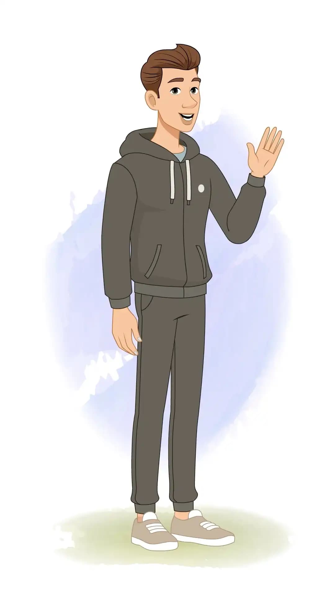 Smiling young man in a dark tracksuit hoodie and sneakers, shown in a three-quarter view, raising one hand to wave hello—friendly casual character for infographics and animations AKA Kerry