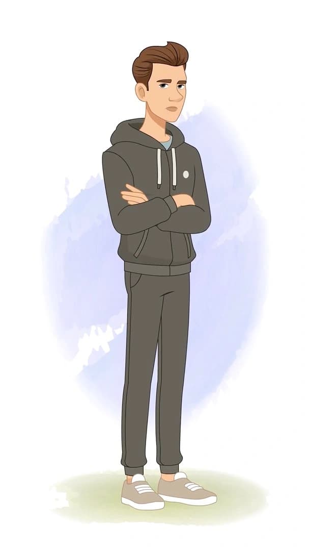 Young man in a dark tracksuit hoodie and sneakers, shown in a three-quarter view with arms crossed and an annoyed expression—casual character for infographics and animations AKA Kerry