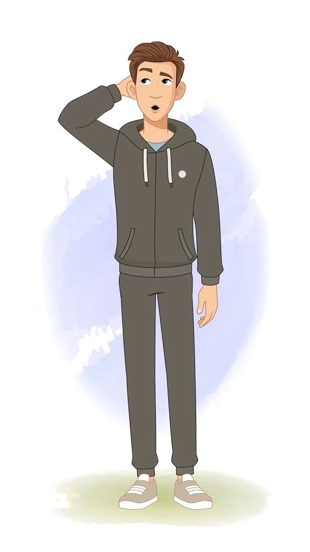 Young man in a dark tracksuit hoodie and sneakers, front view, scratching the back of his head with a puzzled expression—casual character for explainer videos, infographics, and UI onboarding AKA Kerry