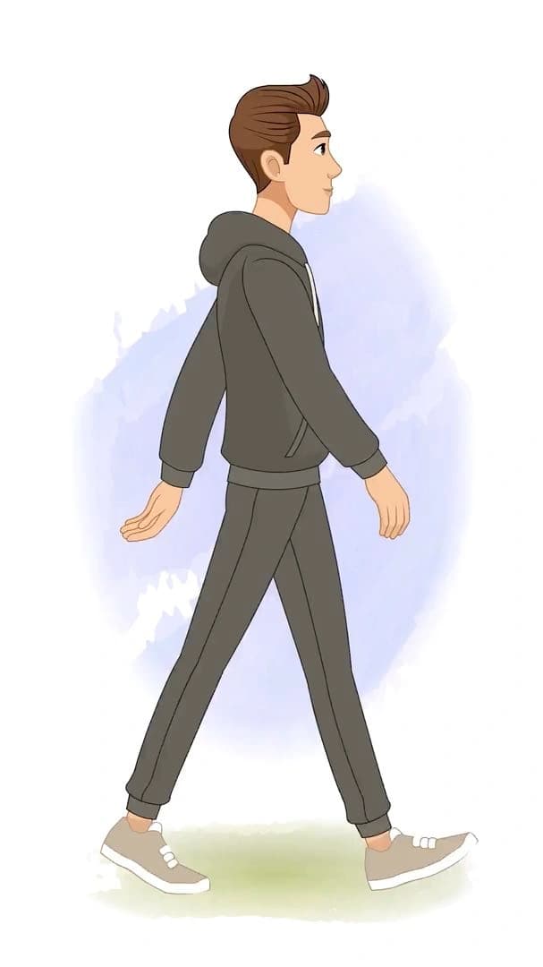 Young man in a dark tracksuit hoodie and sneakers, walking in smooth profile side view—clean, isolated pose ideal for infographics, apps, and explainer animations AKA Kerry