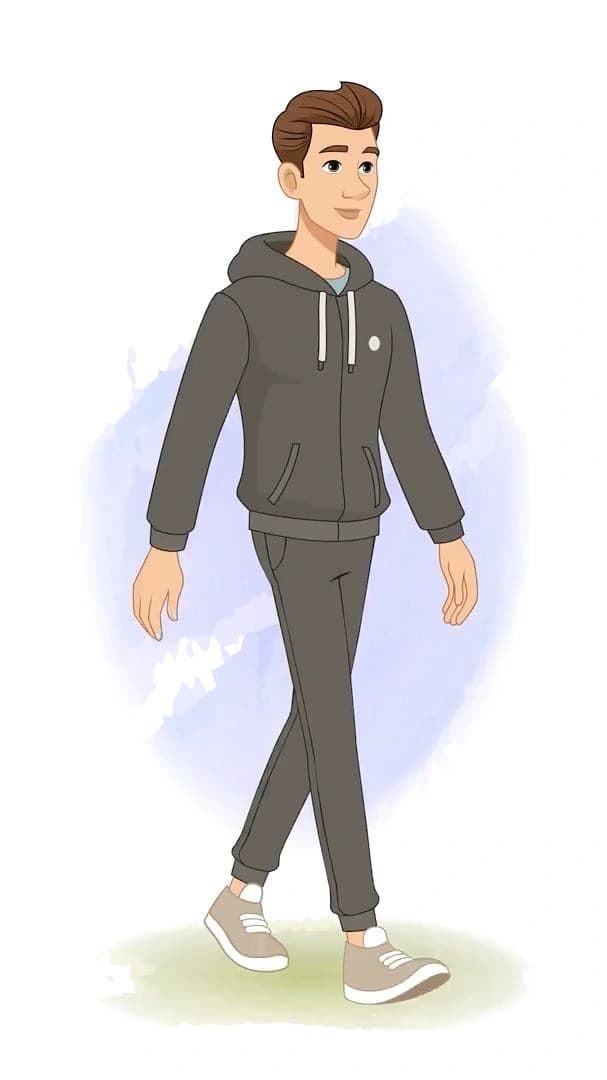 Young man in a dark tracksuit walking in a three-quarter view; clean, friendly pose ideal for infographics, explainers, and UI onboarding AKA Kerry