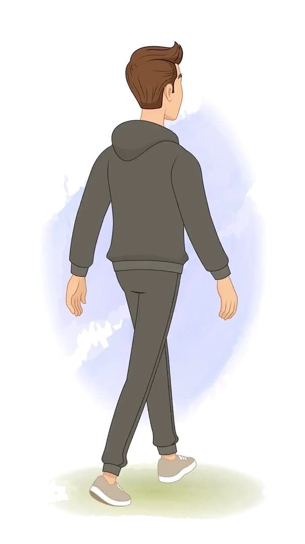 Young man in a dark tracksuit walking away in a rear three-quarter view; clean, infographic-friendly pose for explainers and UI onboarding AKA Kerry