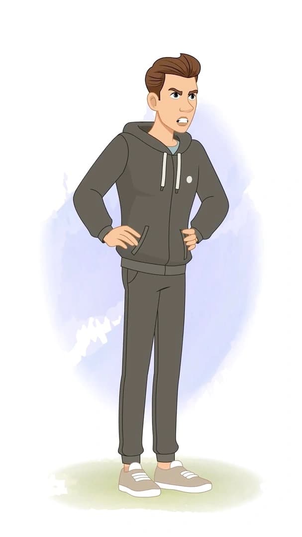 Young man in a dark tracksuit shown in a front three-quarter view,hands on hips with an angry expression—clean,infographic-friendly character pose AKA Kerry