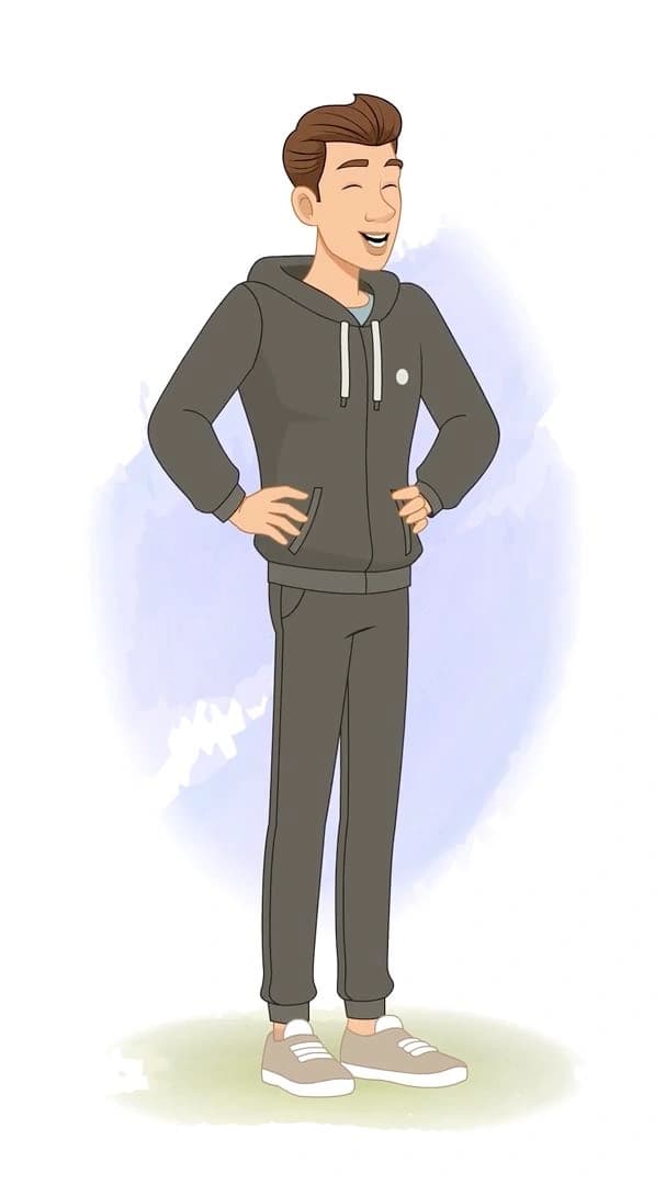 Young man in a dark tracksuit shown in a front three-quarter view,hands on hips with a laughing,eyes-closed smile—clean,infographic-friendly character pose AKA Kerry