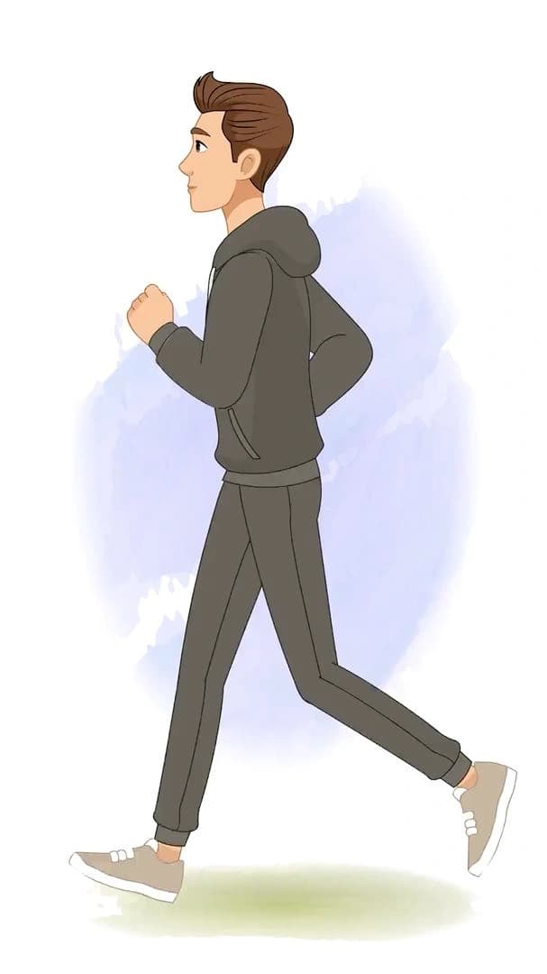 Young man in a dark tracksuit shown in clean side view,jogging with bent arms and forward stride—simple,infographic-friendly character for fitness or motion scenes AKA Kerry