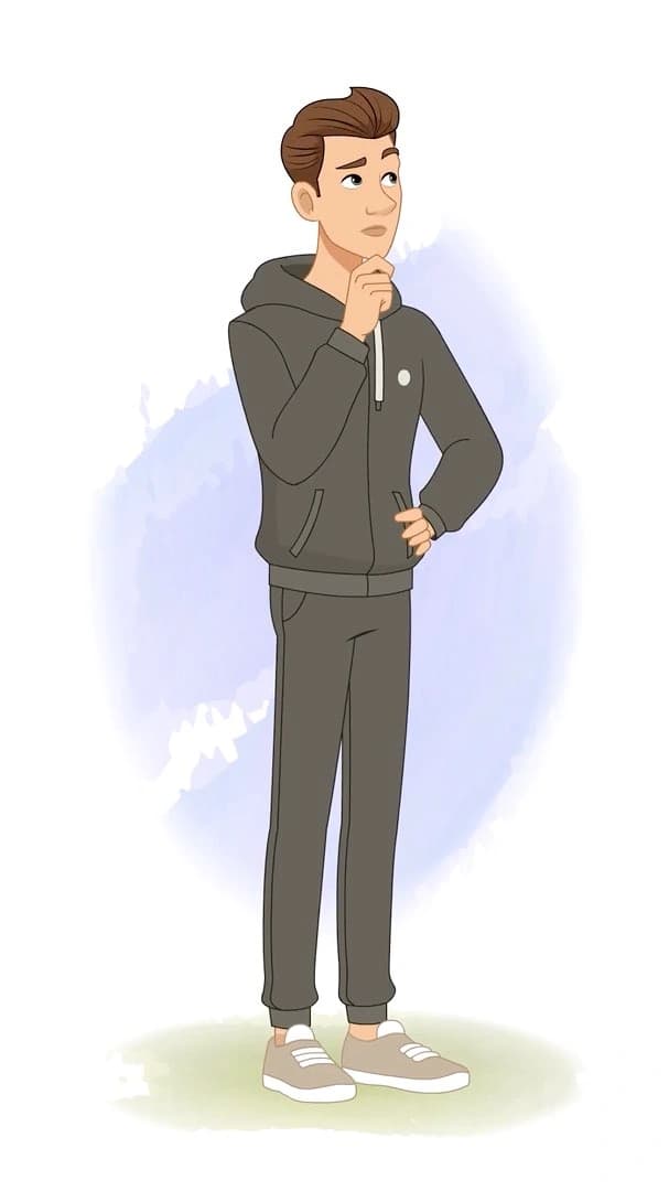Young man in a dark tracksuit shown in one-third view,hand on chin with a thoughtful expression—clean,infographic-friendly vector character for questions,ideas,and decision scenes AKA Kerry
