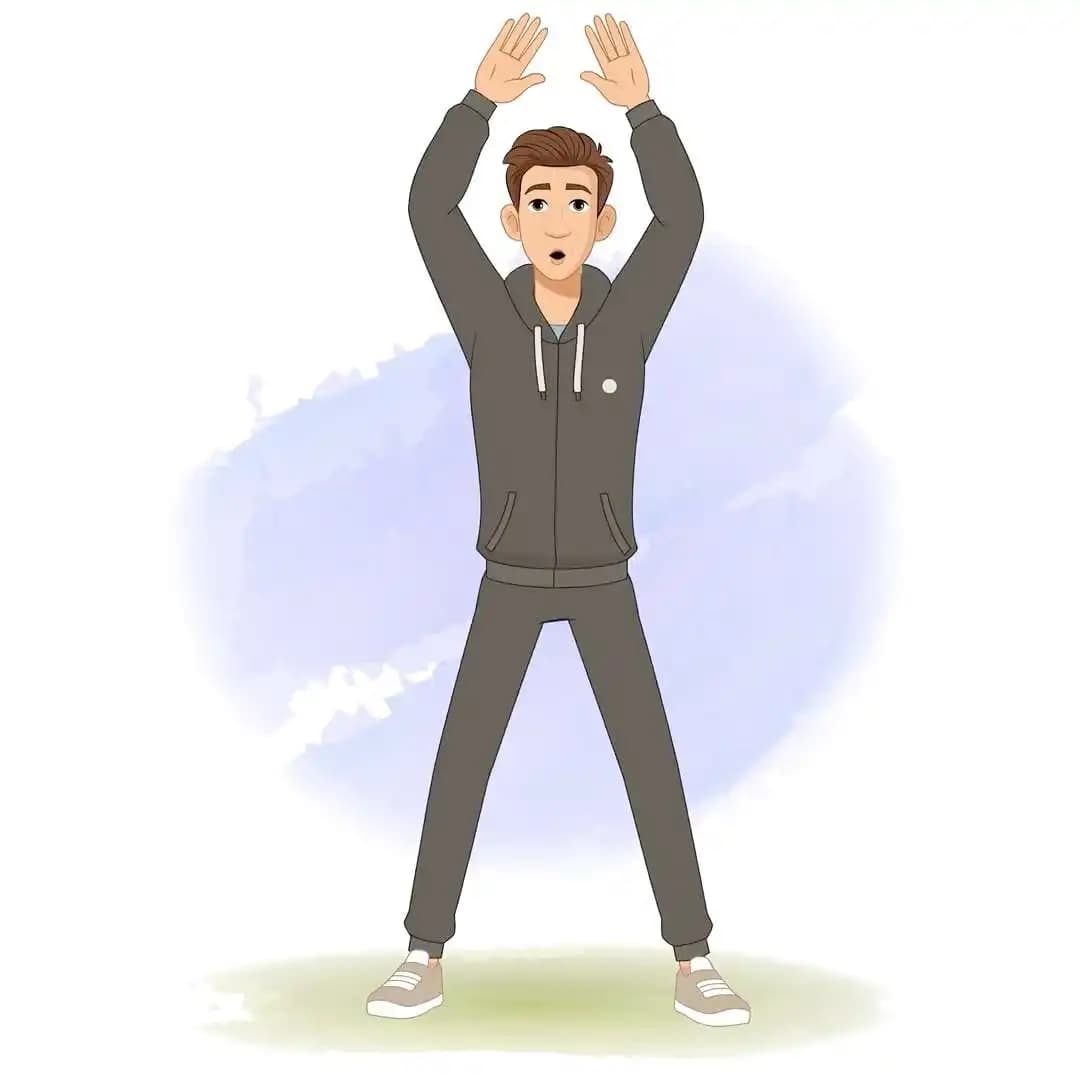Young man in a dark tracksuit stands with feet apart and arms raised overhead,demonstrating a jumping-jack exercise; clean,infographic-friendly vector character AKA kerry