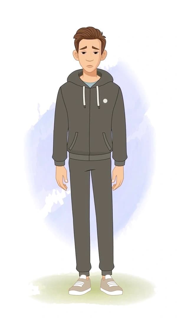 Young man in a dark tracksuit stands front-facing with slumped shoulders and a sad,downcast expression; clean,infographic-friendly vector character AKA Kerry