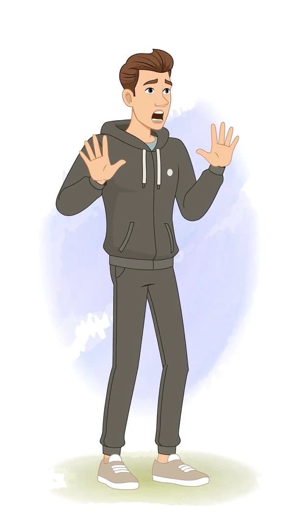Young man in a dark tracksuit,frightened with both hands raised,palms out; expressive vector character for infographics AKA Kerry