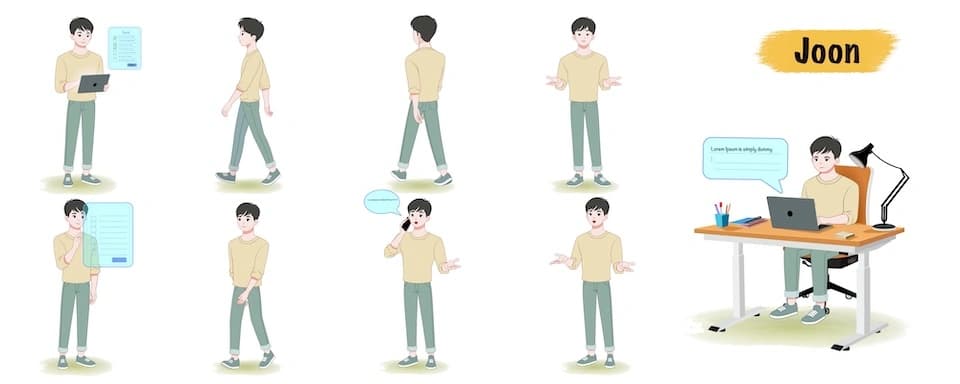 Casual guy animated vector cartoon character model sheet AKA Joon