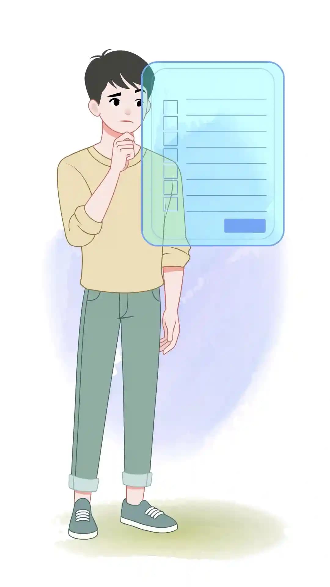 A cartoon young man in a beige sweatshirt and teal pants stands with a hand on his chin beside a translucent blue checklist panel,implying digital planning or task management AKA Joon