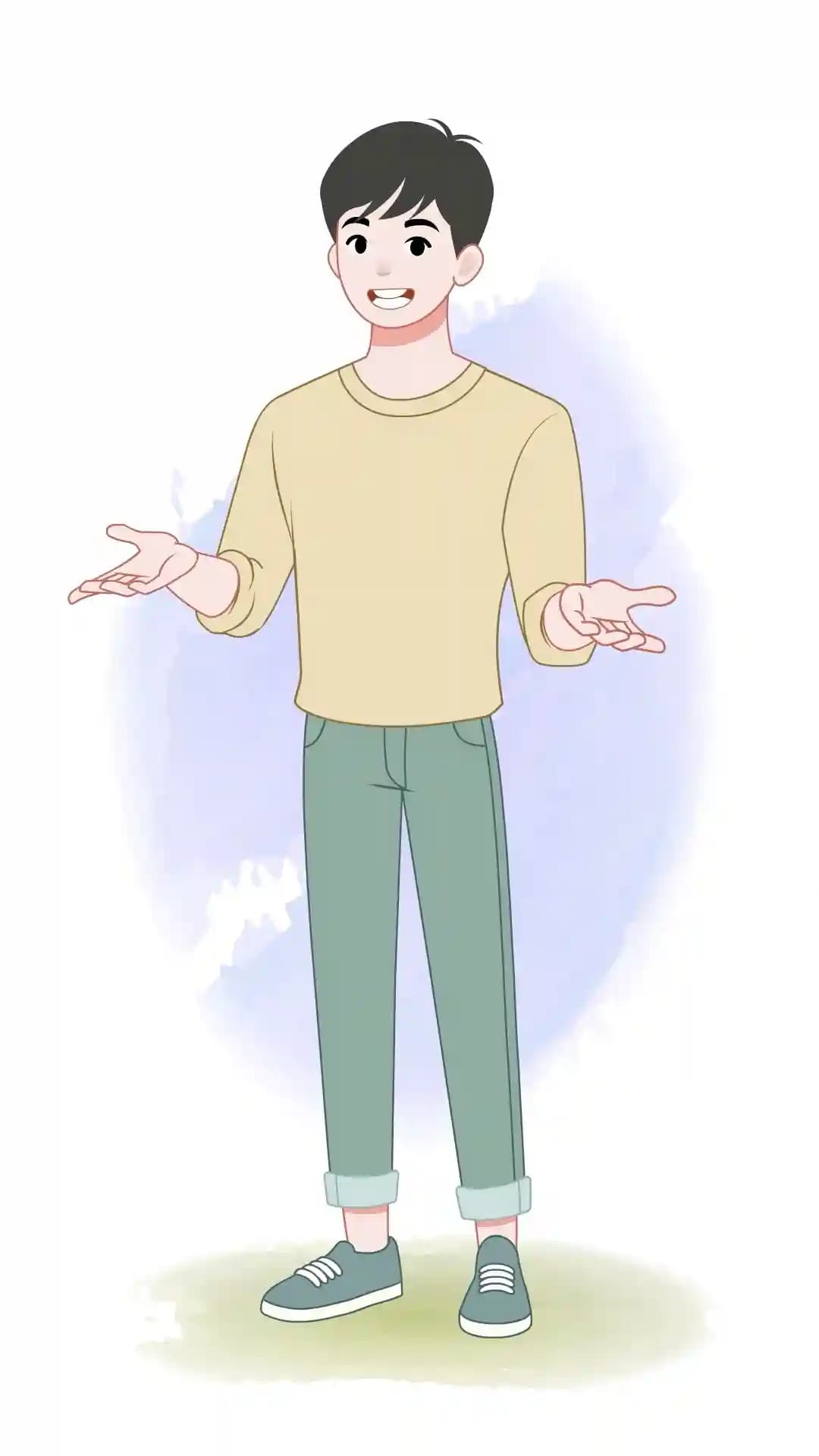 Friendly young man in a light yellow sweatshirt and teal rolled-up pants speaking with open hands, one-third front view, soft pastel style for infographics and explainers AKA Joon