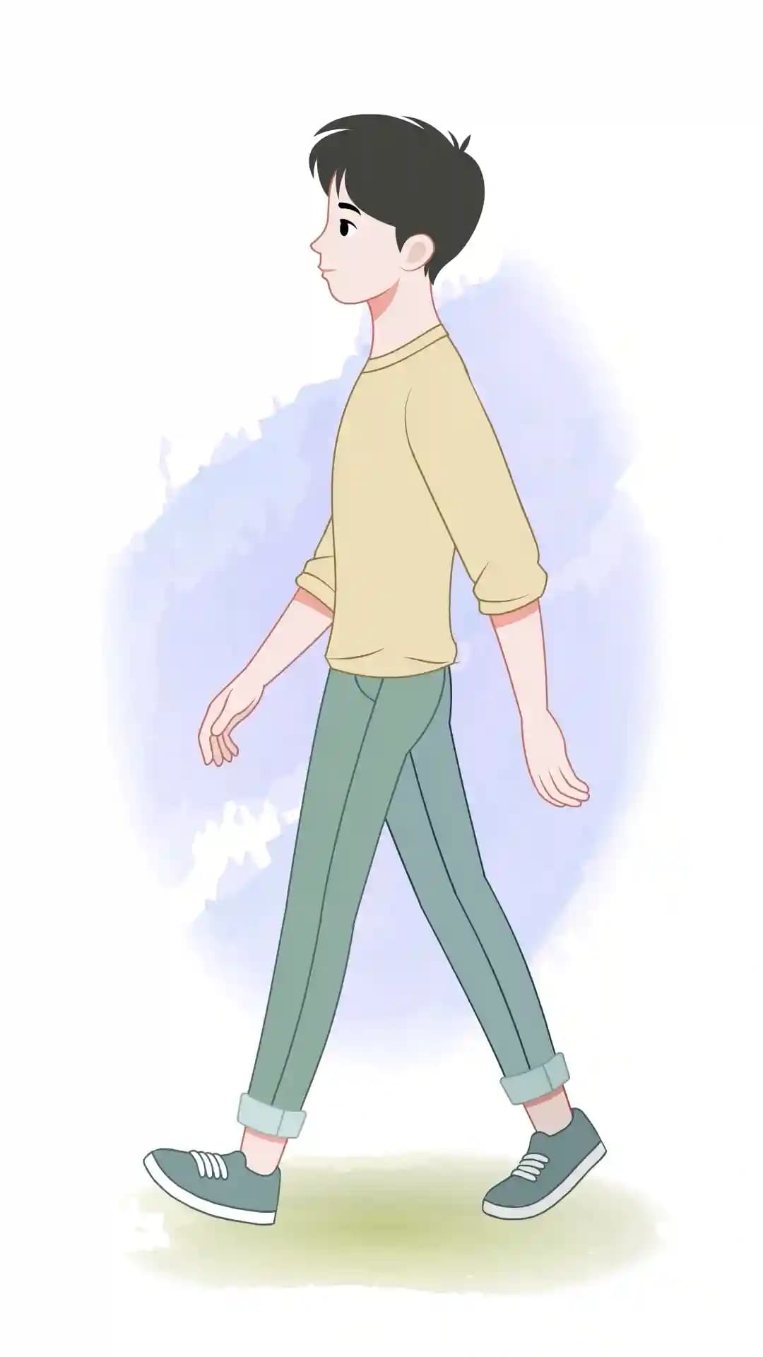 Side-profile illustration of a young man casually walking left, wearing a light yellow sweatshirt, teal rolled-up pants, and sneakers—minimal, soft-color style ideal for infographics and UI AKA Joon