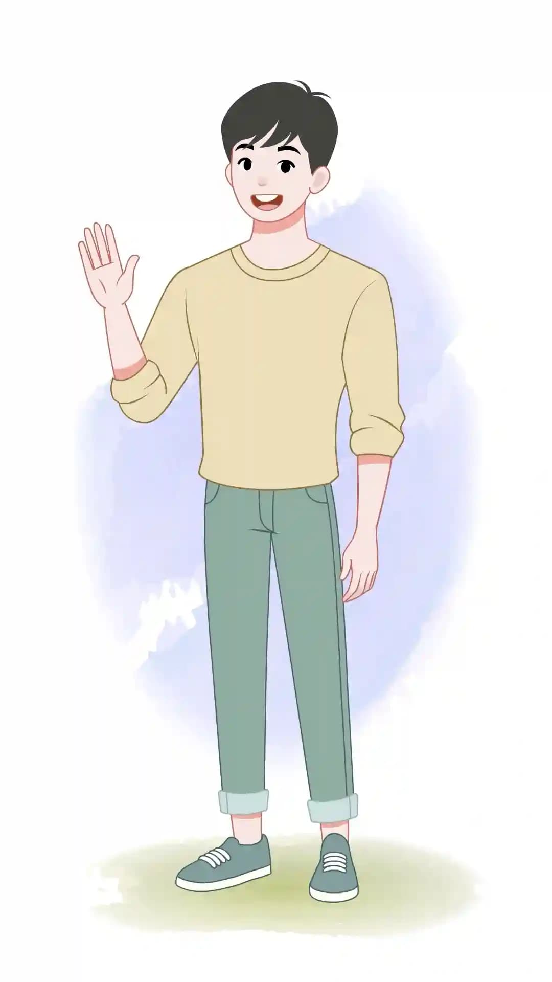 Smiling young man in a light yellow sweatshirt and teal rolled-up pants waving his right hand to say hello; front view, clean pastel illustration suited for infographics,apps,and e-learning AKA Joon