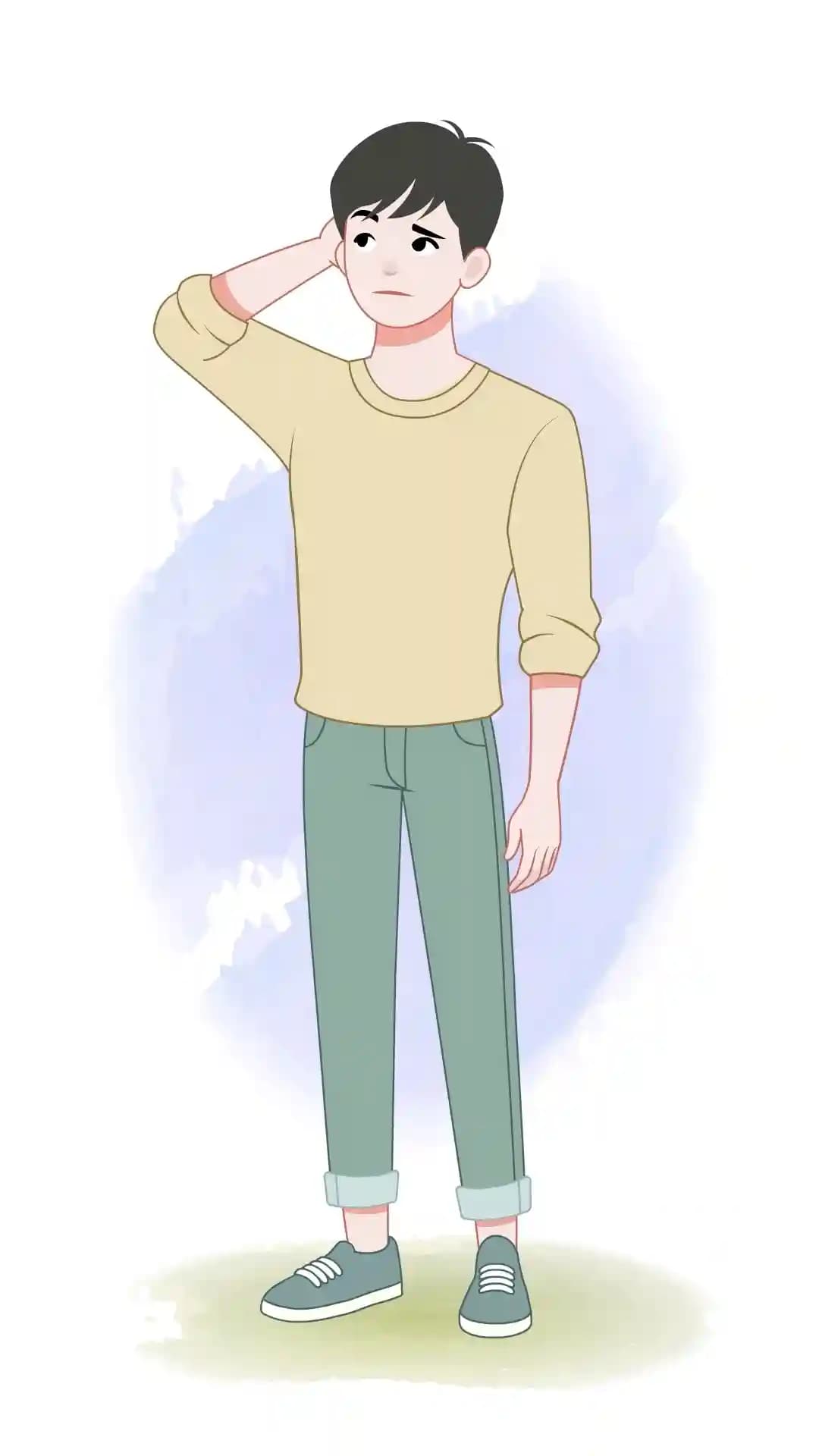 A confused young man scratching the back of his head, front view. He wears a light yellow sweatshirt with rolled sleeves, teal cuffed pants, and sneakers; clean pastel illustration ideal for infographics, apps, and e-learning AKA Joon