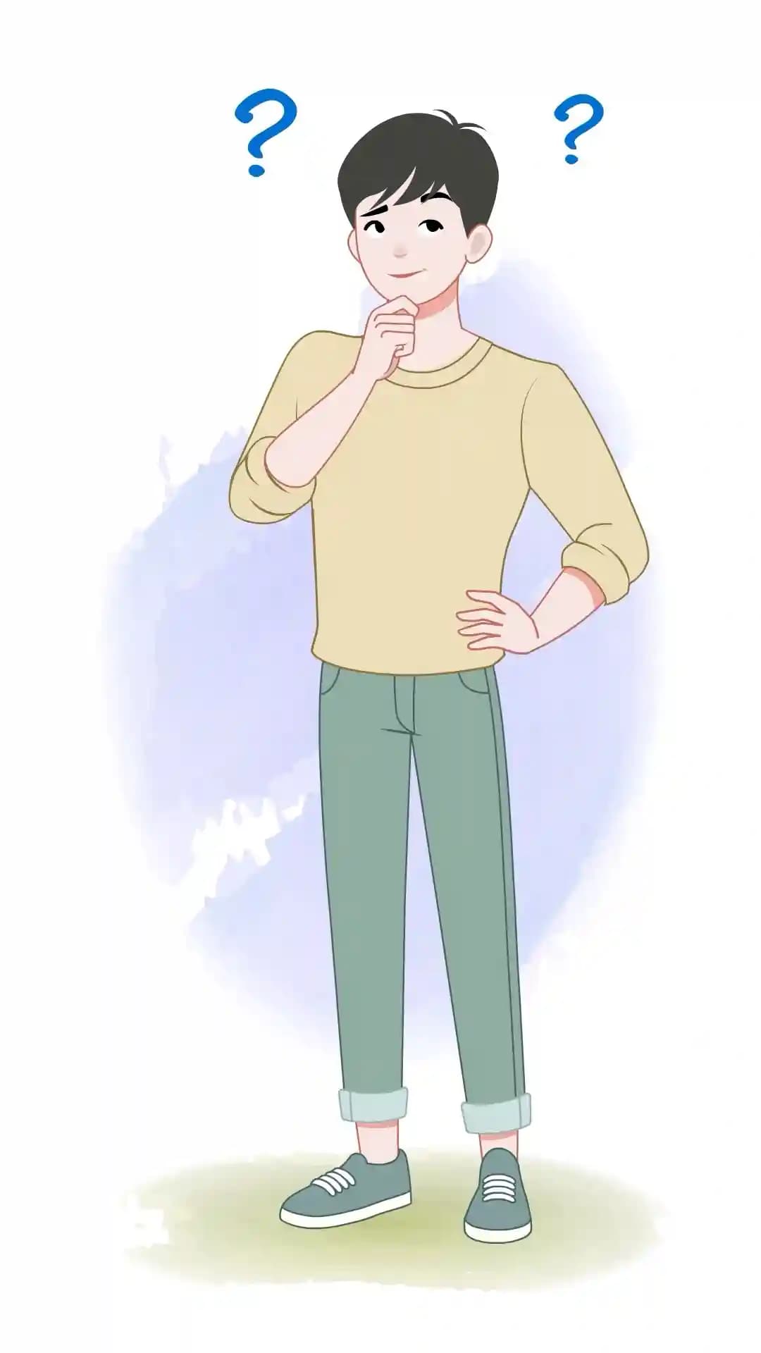 A thoughtful young man in a pastel yellow sweatshirt and teal cuffed pants stands in a three-quarter view with one hand on his chin and the other on his hip,blue question marks above his head; clean cartoon style for explainer,UI,and e-learning scenes AKA Joon