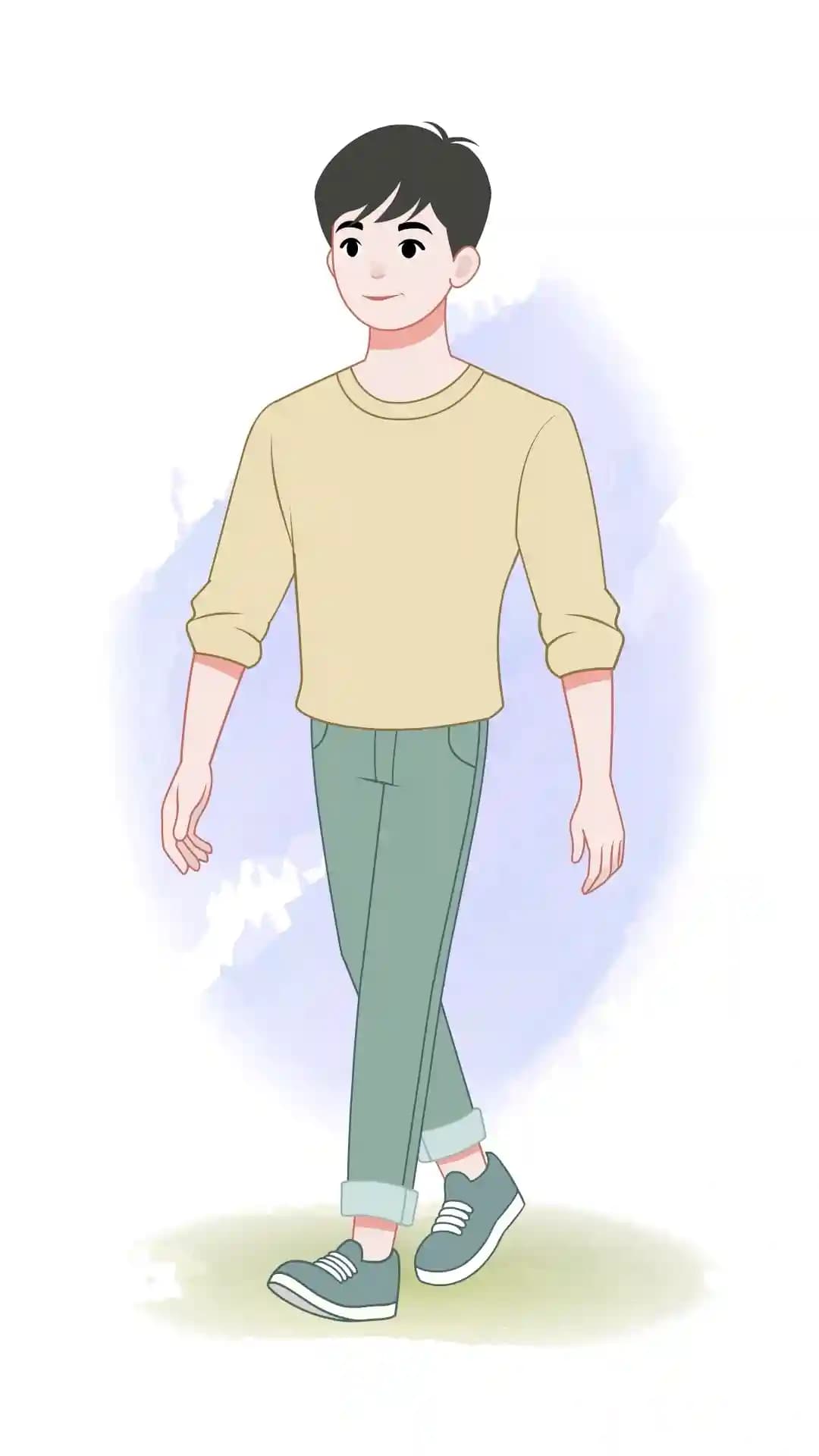 A casual young man in a light yellow sweatshirt and teal cuffed pants walks forward in a three-quarter view with a relaxed smile,wearing teal sneakers; clean cartoon style for explainer,UI,and e-learning scenes AKA Joon