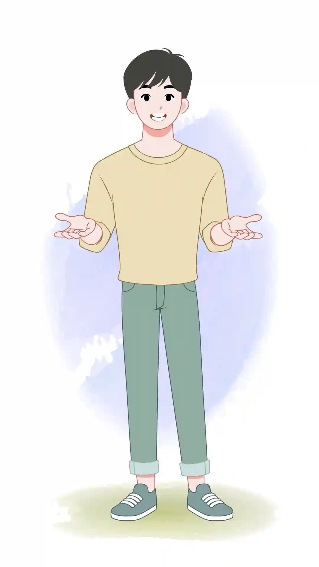 A friendly young man faces forward,smiling and speaking with both palms up in an open-hand gesture,wearing a light yellow sweatshirt,teal cuffed pants,and teal sneakers in a clean cartoon style AKA joon