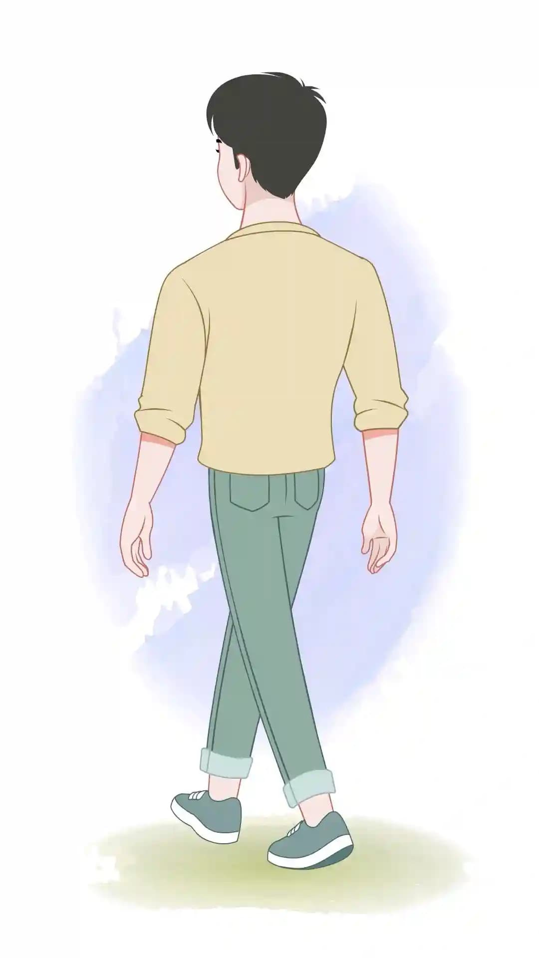 A casual young man walks in a back three-quarter view,wearing a light yellow sweatshirt,teal cuffed pants,and teal sneakers,shown in a clean cartoon style with a relaxed stride AKA joon