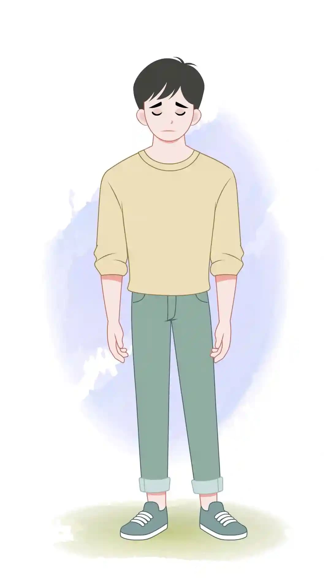 A cartoon young man in a beige sweatshirt and green rolled-cuff pants stands facing forward with eyes closed and a downcast, sad expression AKA Joon
