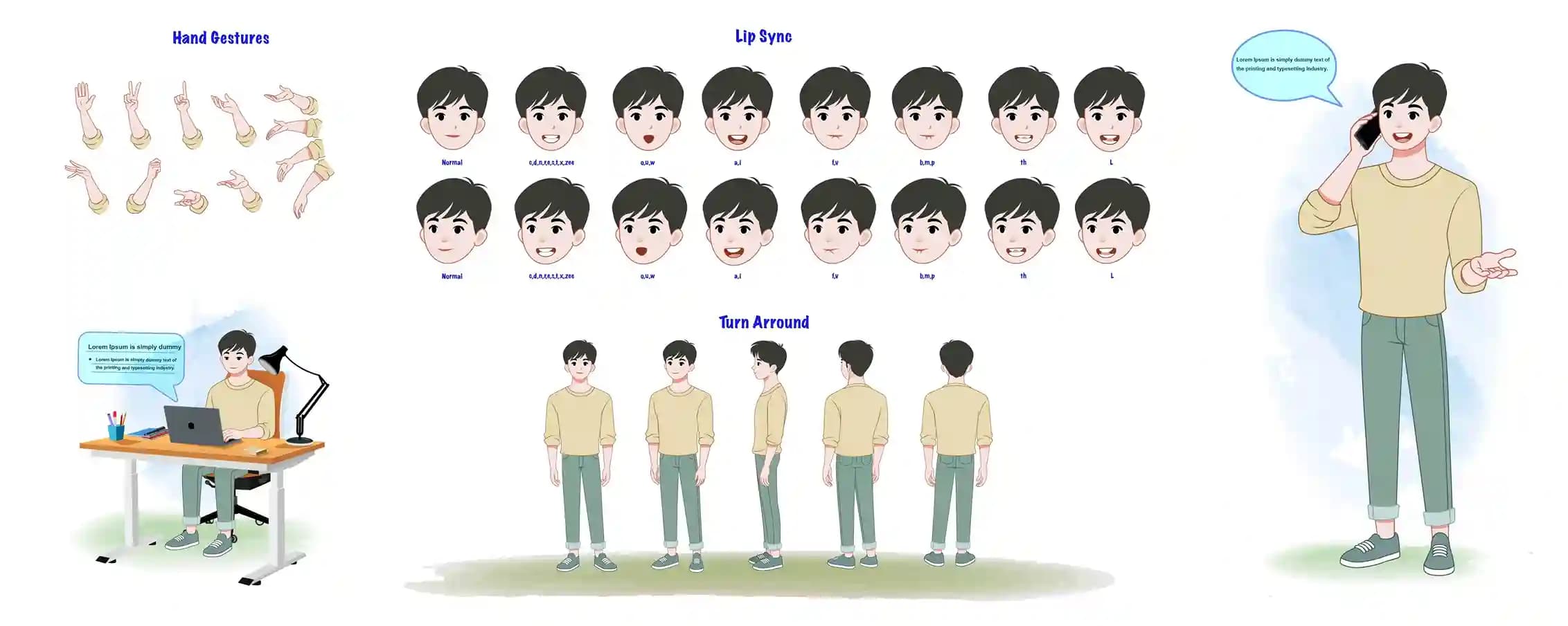 A clean vector character model sheet of a smiling young man in a beige sweatshirt and green cuffed pants with teal sneakers. The sheet shows a grid of hand-gesture arms (point,peace,open palm), a full lip-sync set labeled with phonemes (normal,a,i,o,u,w,f/v,b,m,p,th,l), a five-angle turnaround (front,¾ front,side,¾ back,back), plus sample action poses: talking on the phone and working at a desk on a laptop with a speech bubble AKA Joon