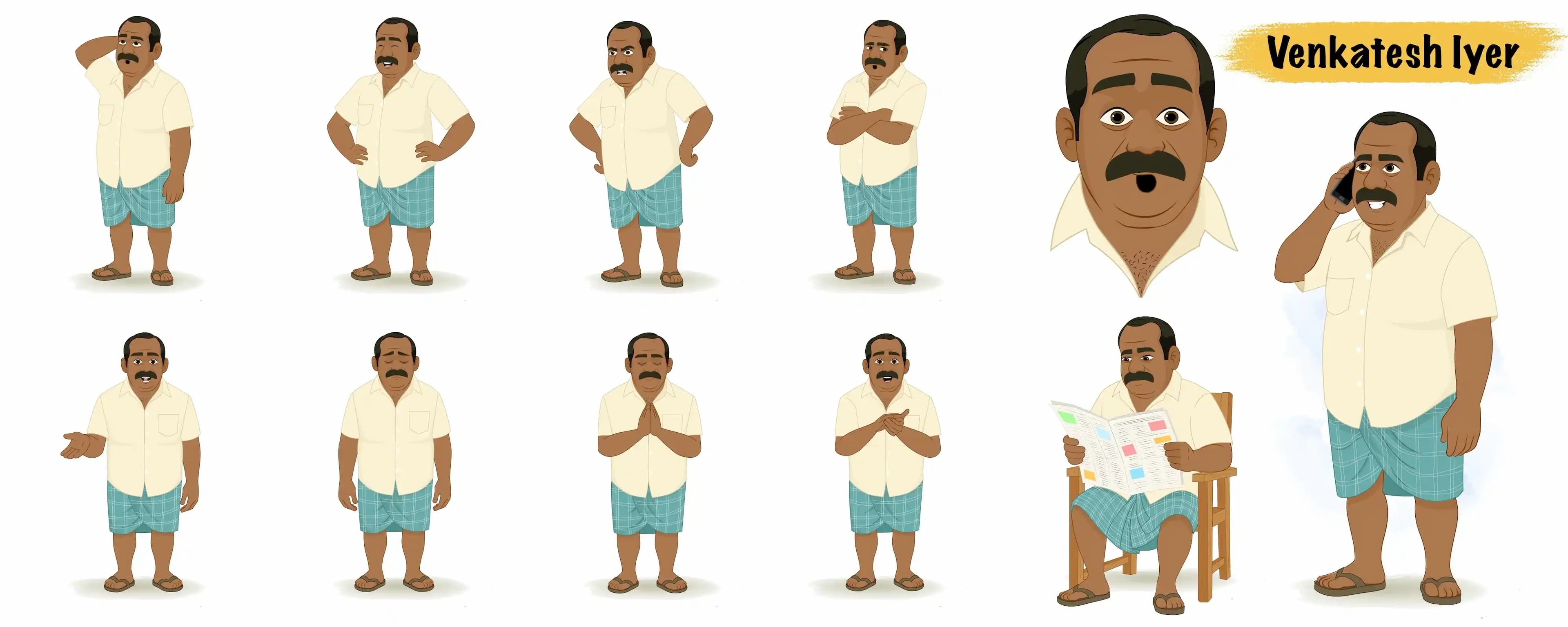Indian Man in Lungi Animated Vector Cartoon Character AKA Venkatesh Iyer