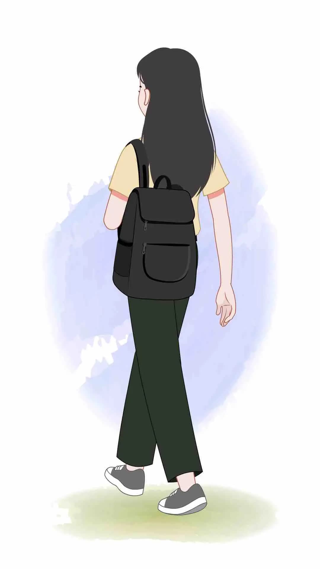 Young girl walk back with bag animated vector cartoon character