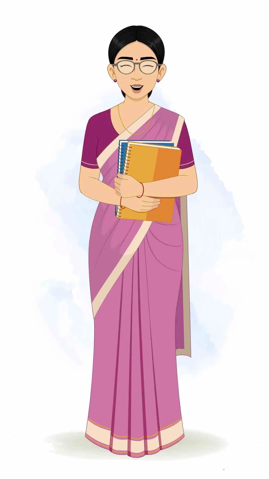 A young indian woman teacher laughing animated vector cartoon character AKA Hemlata