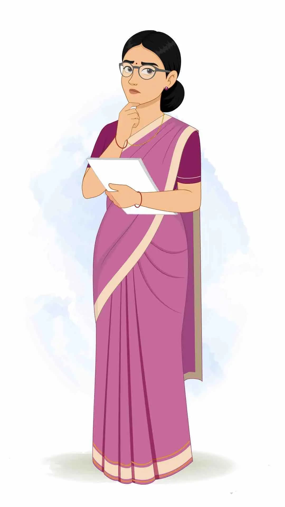 A young indian woman teacher thinking animated vector cartoon character AKA Hemlata