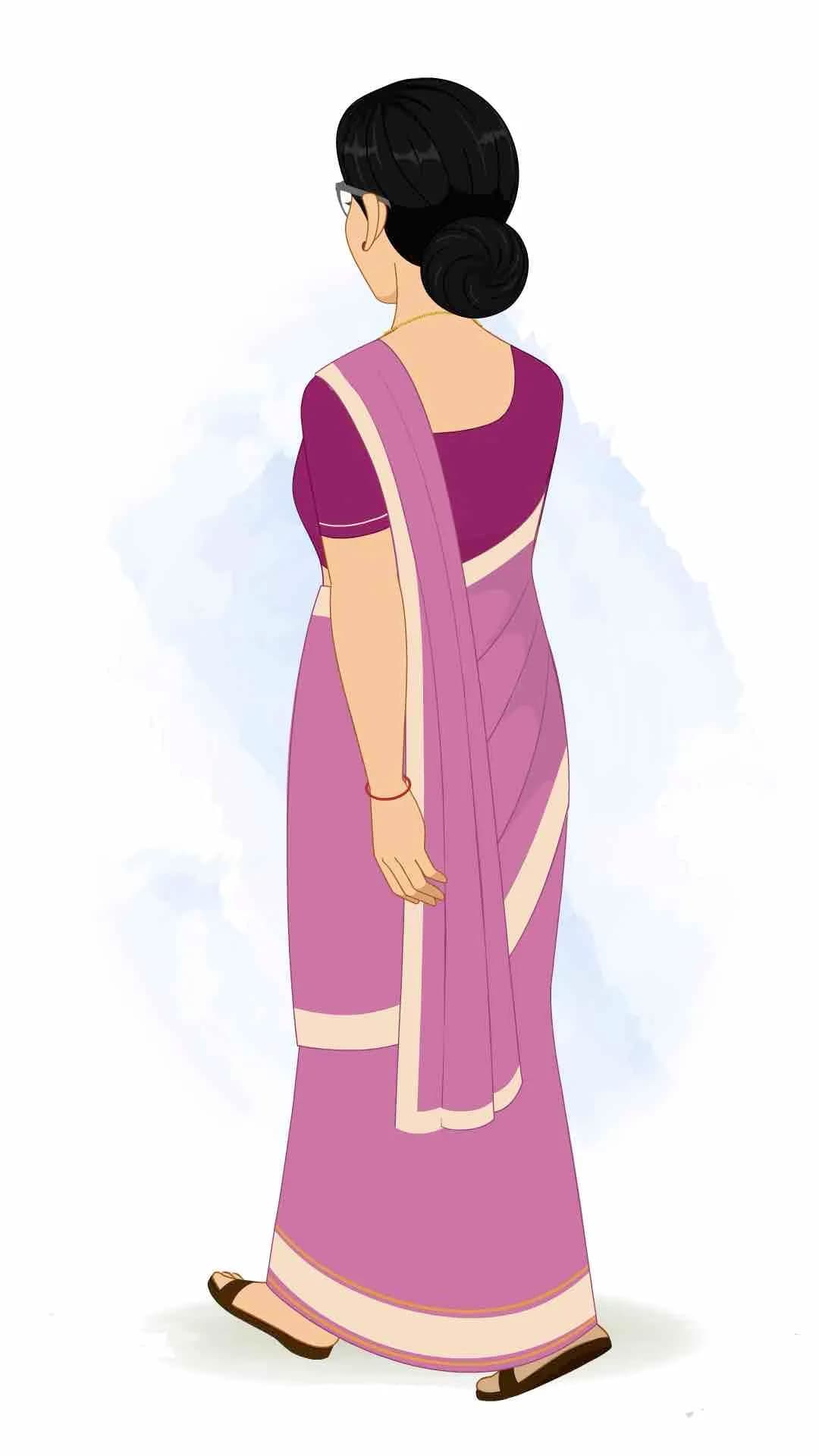 A young indian woman teacher walking in back third view animated vector cartoon character AKA Hemlata