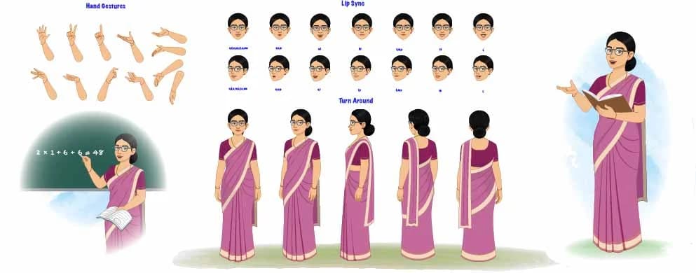 A young indian woman teacher model sheet vector cartoon character AKA Hemlata