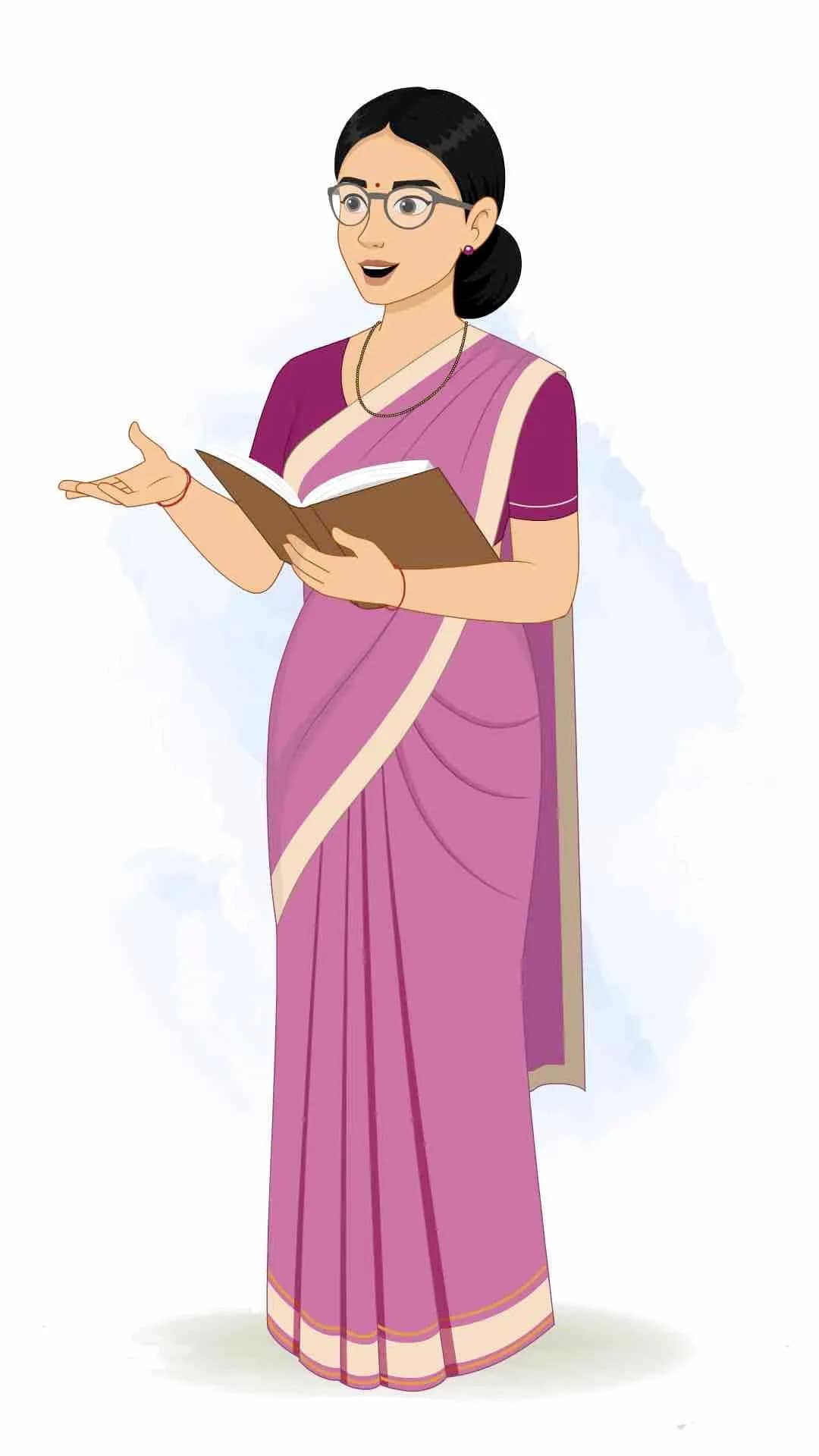 A young indian woman teacher teaching open book animated vector cartoon character AKA Hemlata