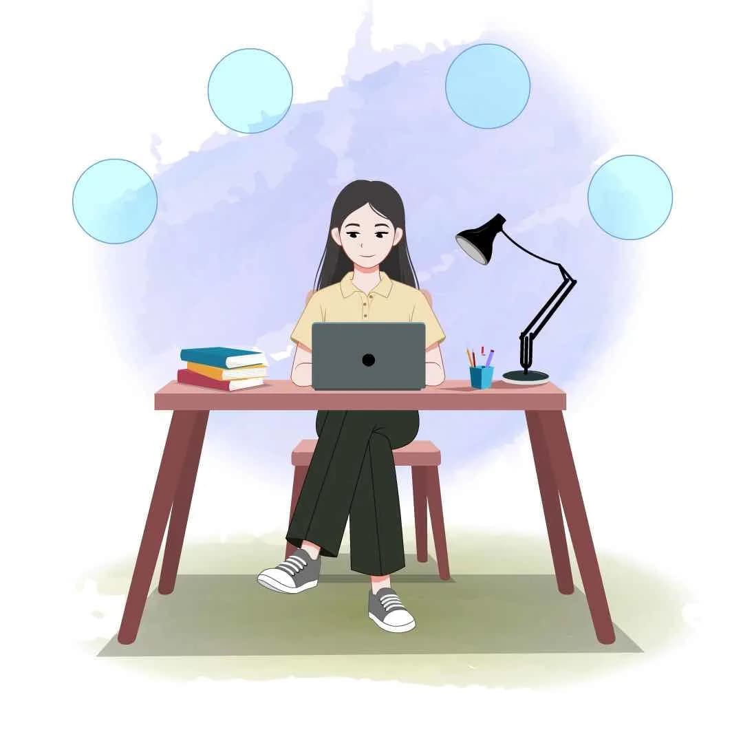 Young girl study on laptop animated vector cartoon character