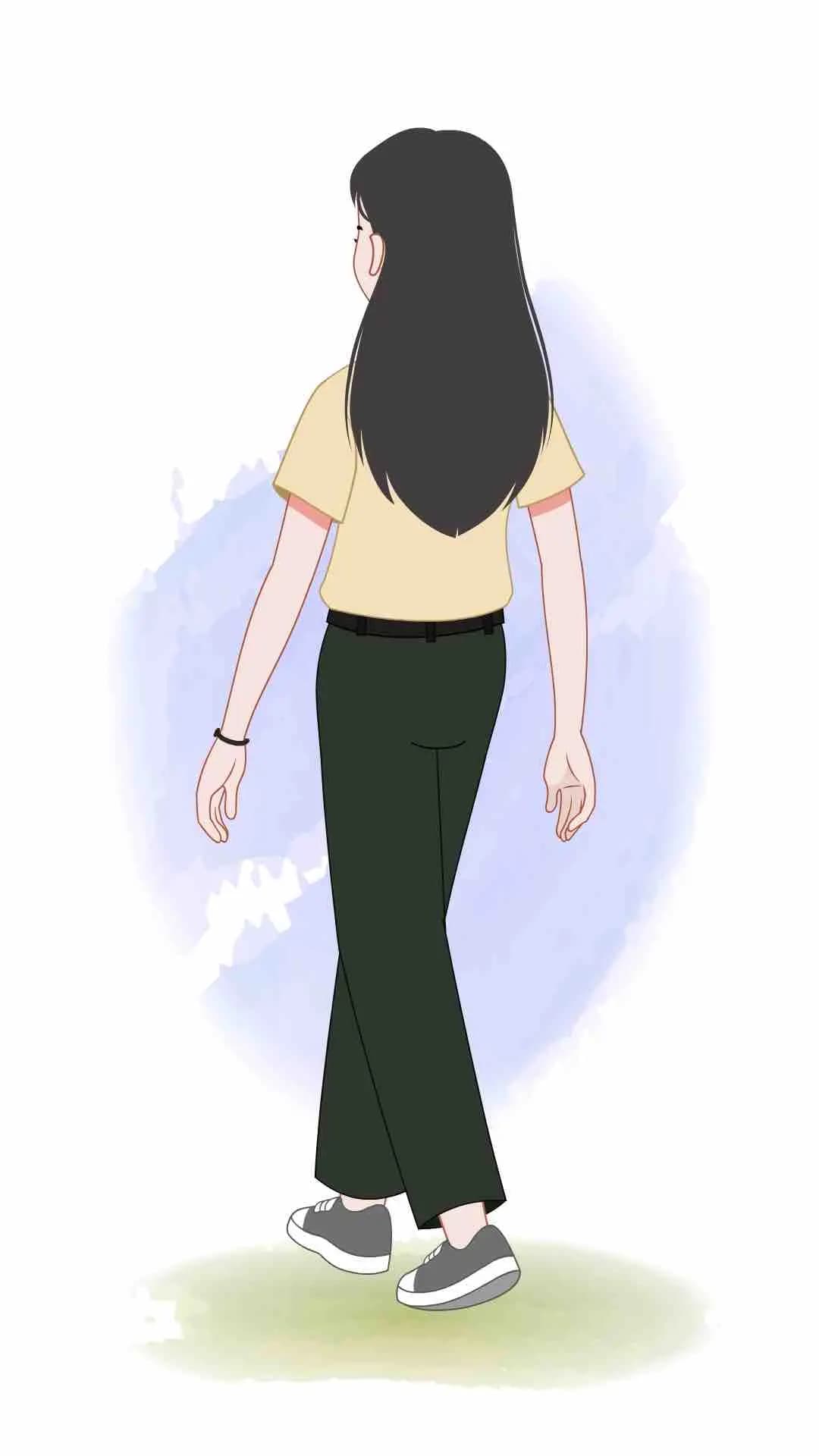 Young girl back walk animated vector cartoon character