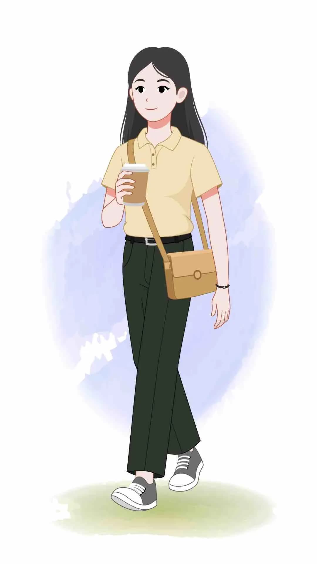 Young girl walking animated vector cartoon character