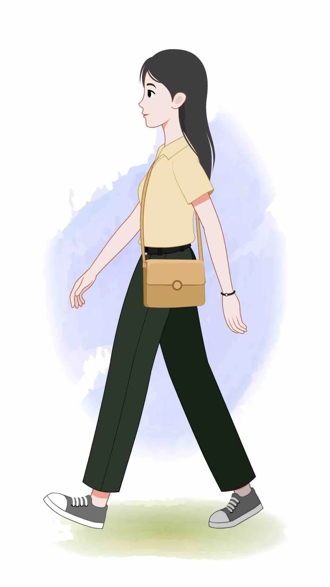 Young girl side walking animated vector cartoon character