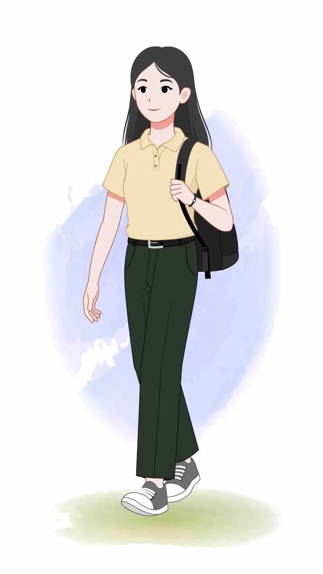 Young girl walking with bag animated vector cartoon character