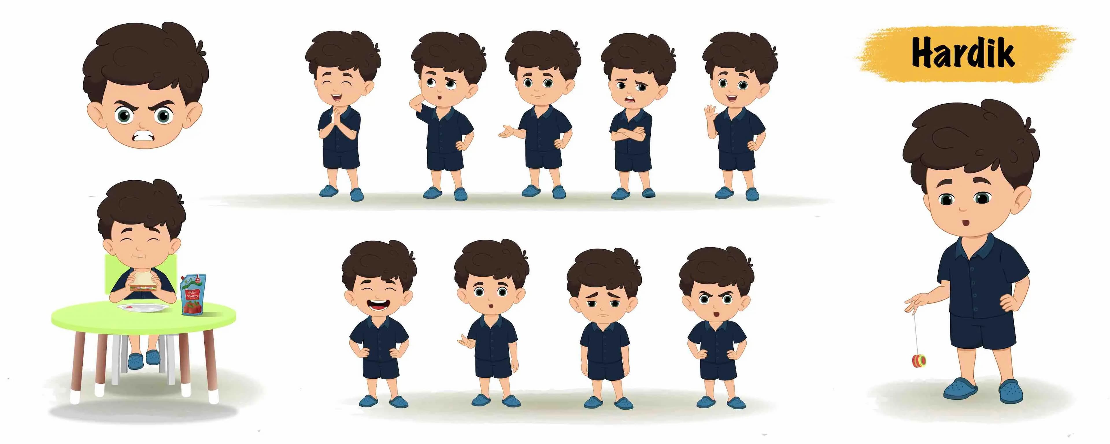 A little cute boy animated vector cartoon character modal sheet AKA Hardik
