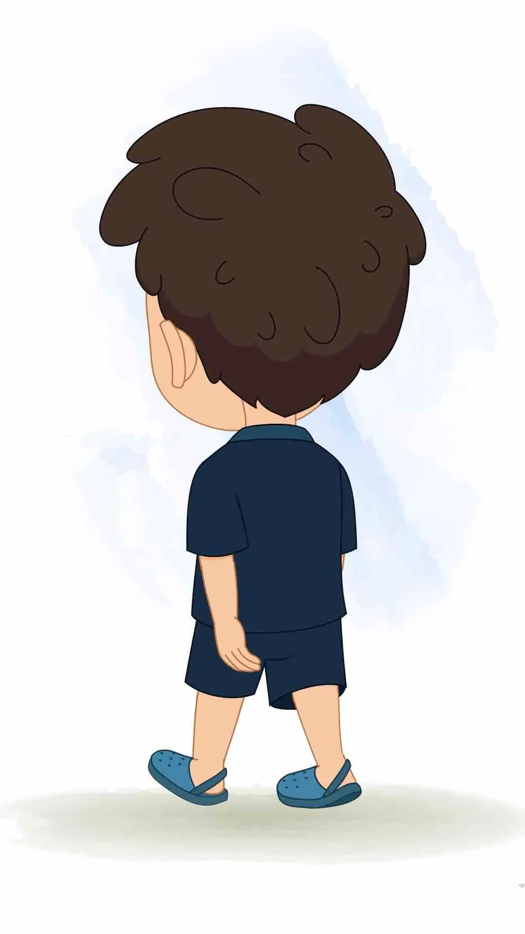 A little cute boy walking in back third view animated vector cartoon character AKA Hardik