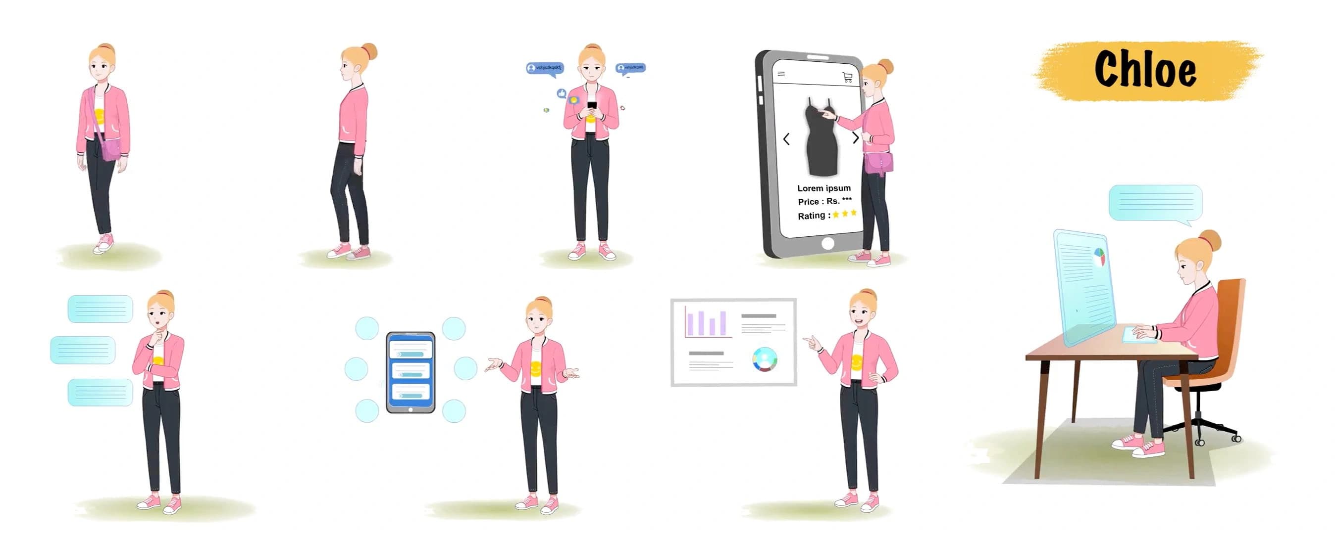 Beautiful female employee animated vector cartoon character model sheet