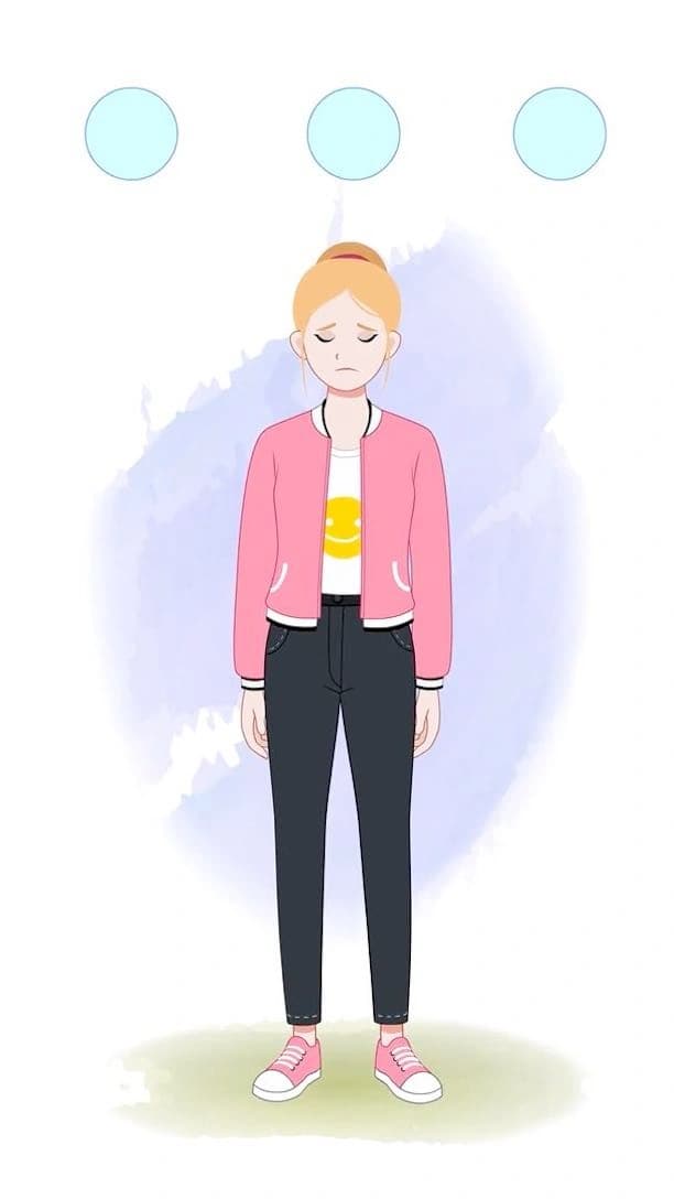 2D sad cartoon female employee character animated vector AKA Chloe