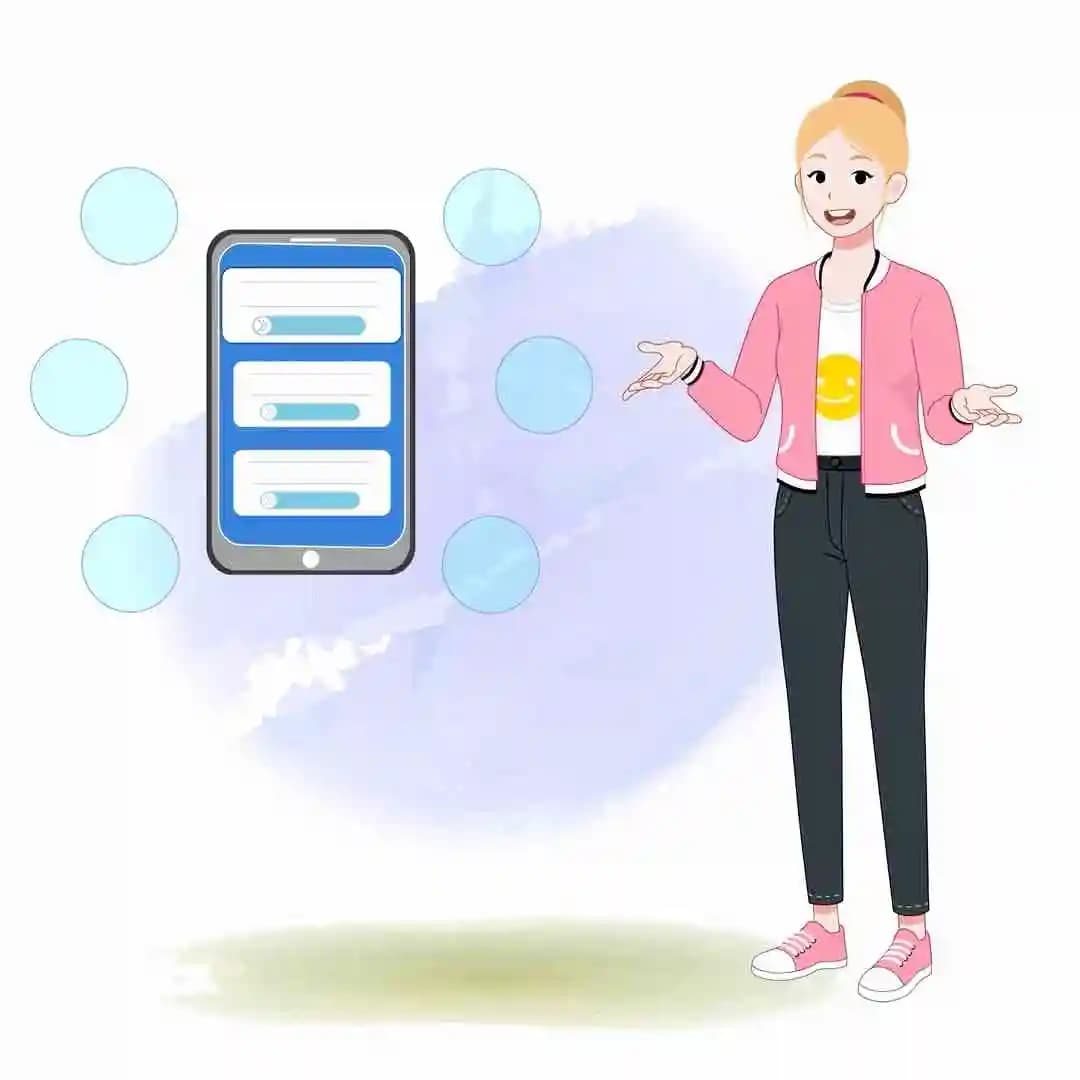 2d cartoon female employee character explaining with mobile phone illustration AKA Chloe
