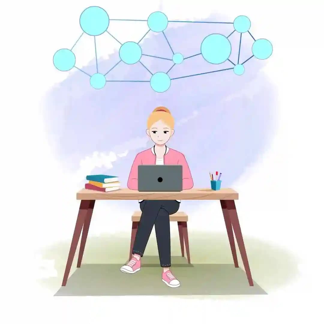 2d cartoon female employee character studying on laptop animated vector AKA Chloe