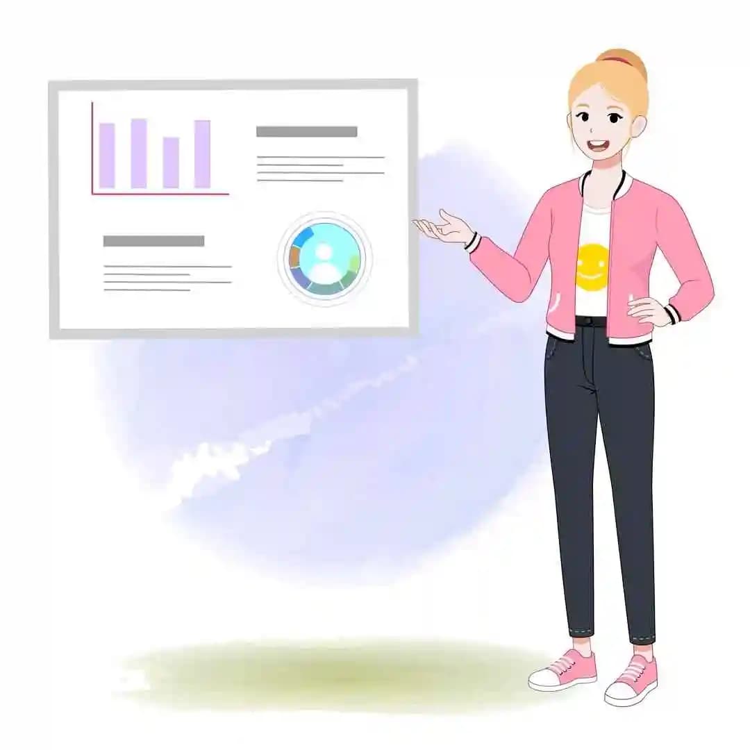 2d cartoon female employee character explaining projects animated vector AKA Chloe