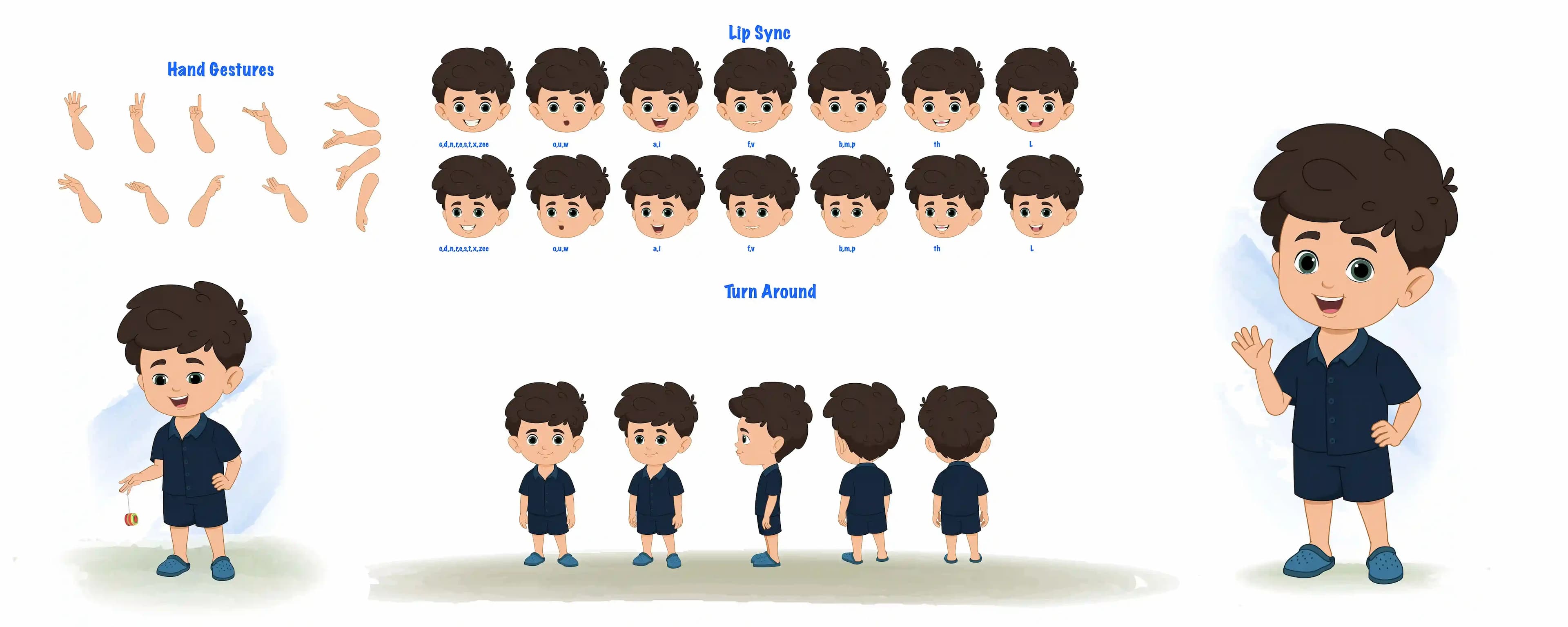 A little cute boy model sheet with turnaround poses, lip Sync & gestures character construction set AKA Hardik