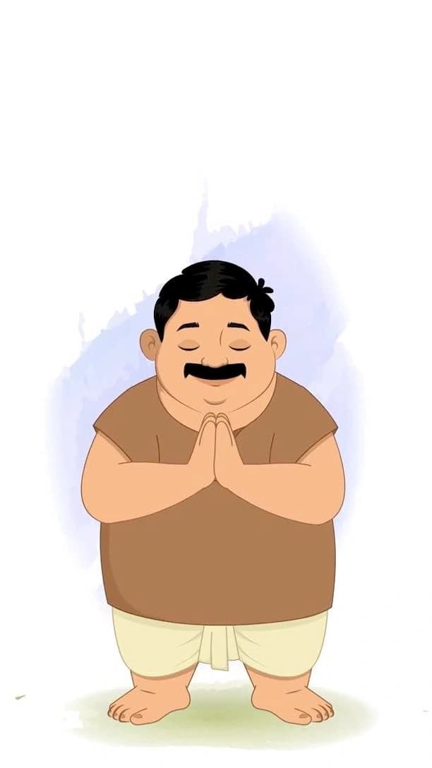 Animated 2D vector cartoon character of a chubby villager named Ganesh standing with folded hands in Namaste gesture, wearing a brown vest and white dhoti