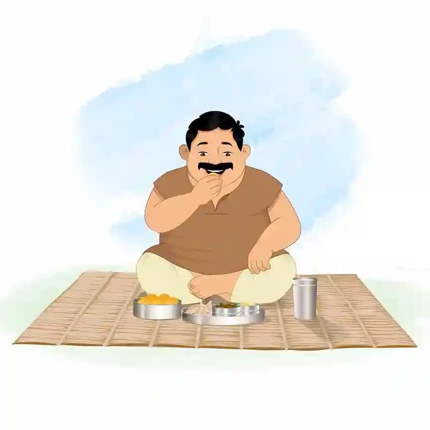 Chubby villager cartoon character named Ganesh sitting cross-legged on a mat, happily eating traditional Indian food from a thali with a glass placed beside